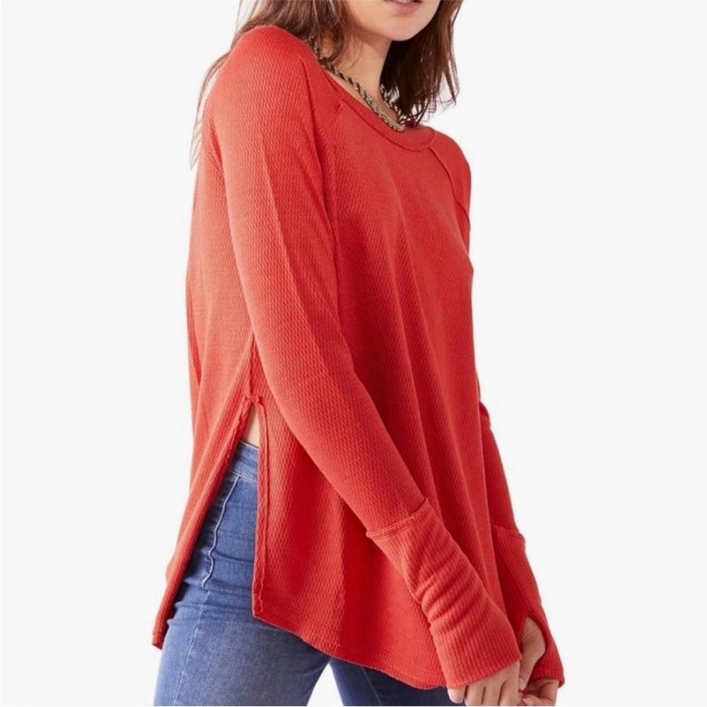 We the Free people snowy thermal knit waffle top tunic sz m orange heatwave